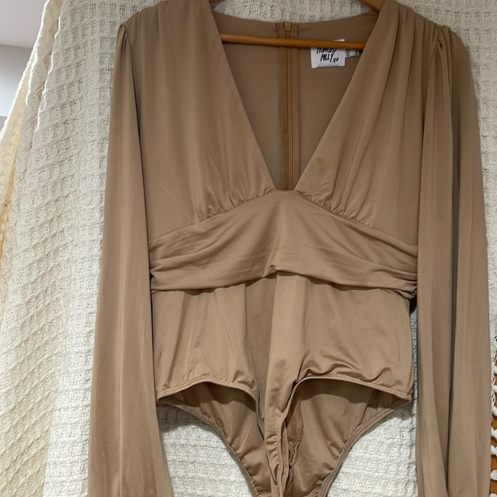 Tan bodysuit - long sleeve with low v-cut and gathered waist